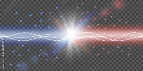 Vector conflicting lightning flying blue and red sparks. Concept for battle, confrontation or fight between two lightning. Powerful electric forces thunderbolt clash electrical energy sparkling blast.