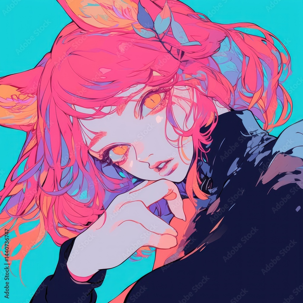 Naklejka premium Vibrant digital illustration of a girl with fox ears and bright pink hair