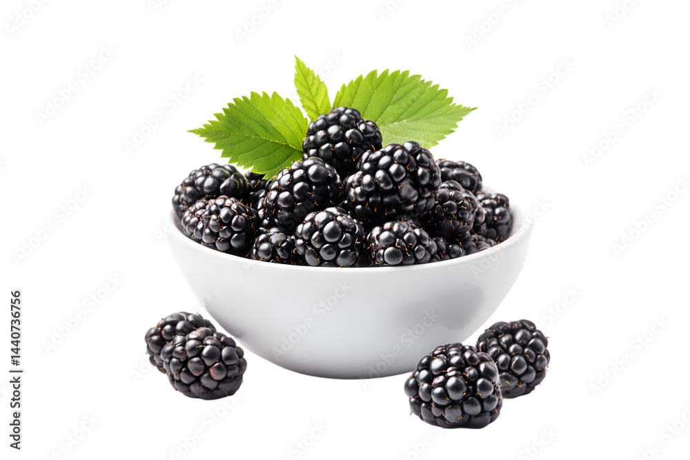 Fresh Blackberries in White Bowl Green Leaves Fresh Blackberries in White Bowl Green Leaves