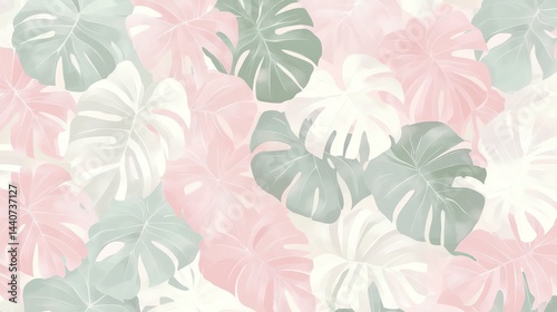 Wallpaper Mural Pastel colored monstera leaves, a delicate floral design. Torontodigital.ca