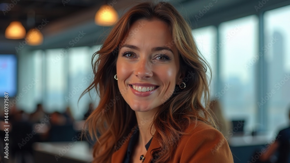 Woman with long brown hair and a gold earring is smiling. She is wearing a brown jacket and a black shirt