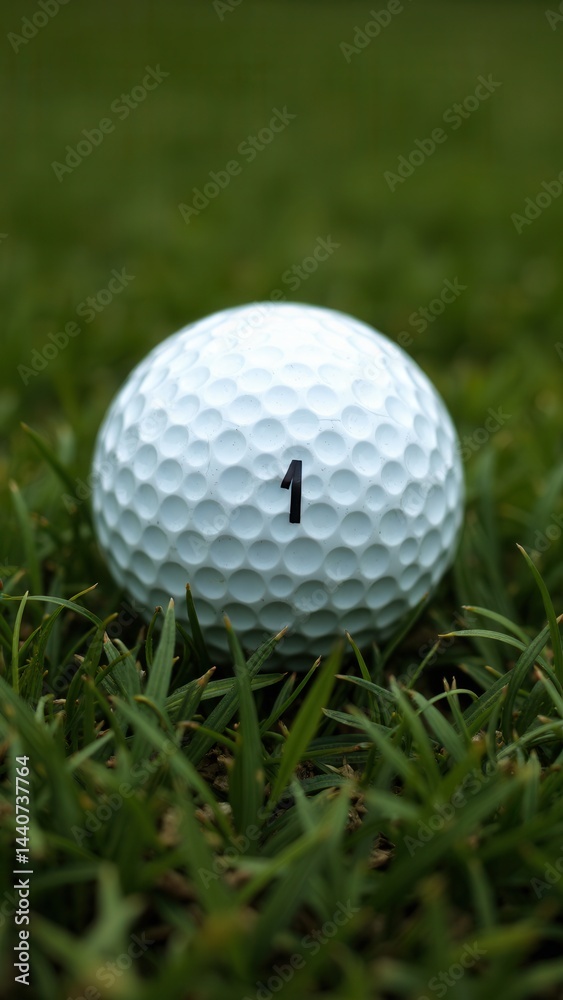White golf ball with the number 1 on it is sitting on the grass. Concept of calm and relaxation, as the ball is placed in a natural setting