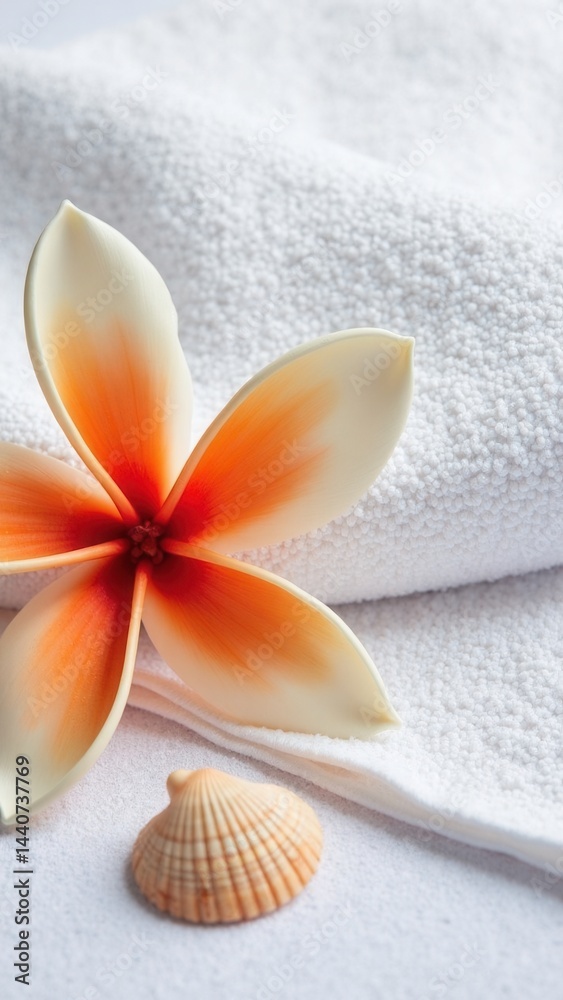 White towel with a beautiful orange and white flower on it, and a small shell placed on top of it. The flower and shell create a serene