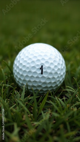 Obraz na płótnie White golf ball with the number 1 on it is sitting on the grass. Concept of calm and relaxation, as the ball is placed in a natural setting w salonie