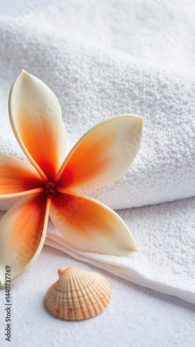 Obraz na płótnie White towel with a beautiful orange and white flower on it, and a small shell placed on top of it. The flower and shell create a serene w salonie