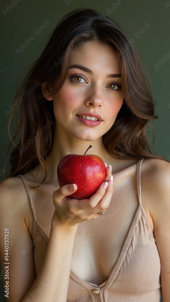 beautiful woman is holding a red apple in her hand. The apple is shiny and looks fresh. The beautiful woman has a smile on her face, and she is happy