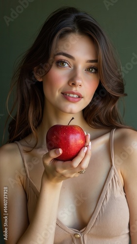 Obraz na płótnie beautiful woman is holding a red apple in her hand. The apple is shiny and looks fresh. The beautiful woman has a smile on her face, and she is happy w salonie