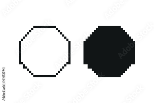 Simple pixel style octagon icons in black and white, geometric retro pixelated shape symbols.