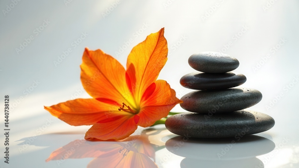 Flower and a set of stones are arranged on a white background. The flower is orange and the stones are black
