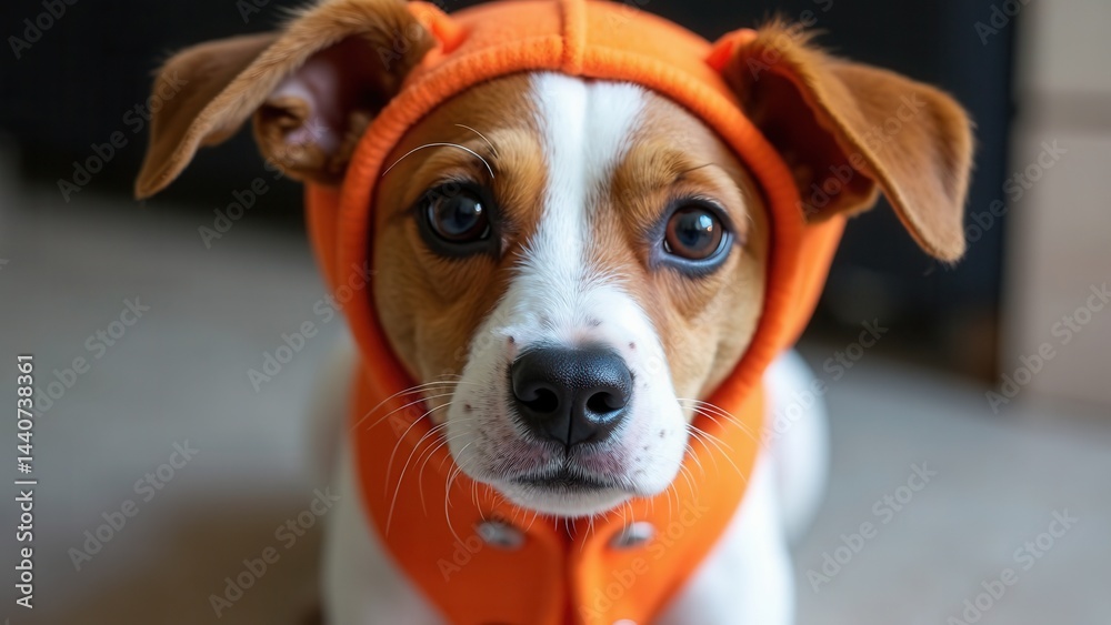 Dog wearing an orange coat is looking at the camera. The dog is wearing a hoodie and he is a mix of brown and white