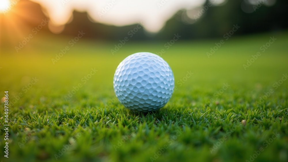 White golf ball is sitting on a green grass field. The sun is shining brightly on the ball, making it look like it's glowing. The scene is peaceful