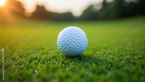 White golf ball is sitting on a green grass field. The sun is shining brightly on the ball, making it look like it's glowing. The scene is peaceful