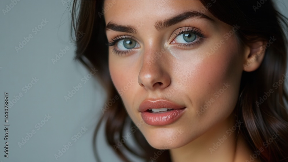 beautiful woman with long brown hair and blue eyes is smiling. She has a light pink lip color