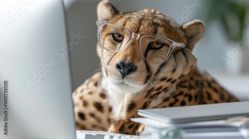 A cheetah wearing glasses is laying on a desk next to a laptop computer. The scene is playful and whimsical, as the animal is dressed in human clothing and accessories