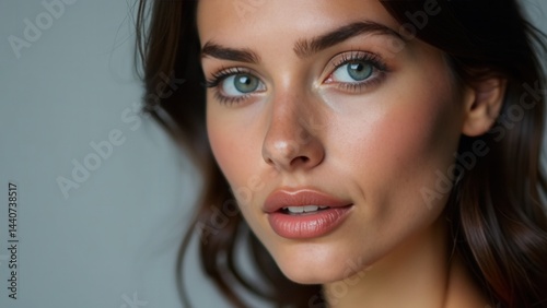 Obraz na płótnie beautiful woman with long brown hair and blue eyes is smiling. She has a light pink lip color w salonie