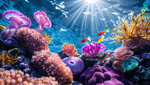 Fototapeta Naklejka Na Ścianę i Meble -  Beautiful coral reef ecosystem with colorful fish swimming under sunlight in the ocean.