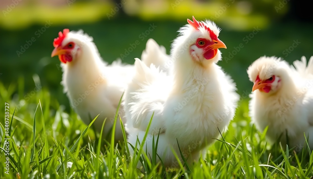 Fototapeta premium Chickens foraging in green grass farmyard wildlife photography bright daylight close-up perspective