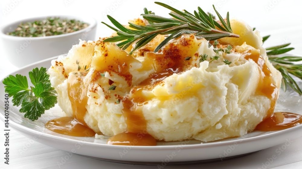 a plate of creamy mashed potatoes with gravy on a white isolated background, comfort food and savory design a plate of creamy mashed potatoes with gravy on a white isolated background, comfort food and savory design