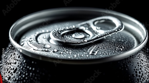 Close-up of soda can with condensation and pull tab