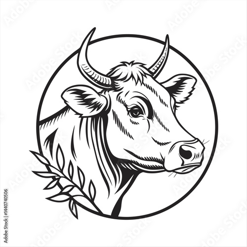 Hand Drawn Cow Head with Wheat and Grass in Circular Frame – Farm Animal Illustration.