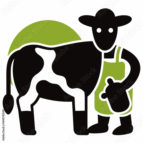 A cute cartoon illustration shows a black and white dairy cow with its calf, a common sight in agriculture and livestock on a farm