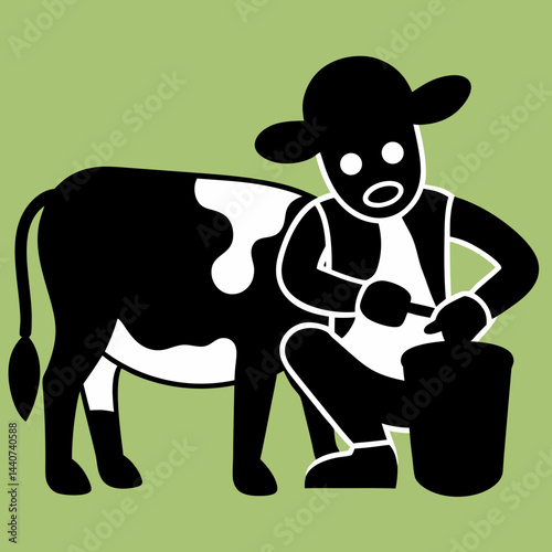 A cute cartoon cow, a black and white farm animal, smiles with milk, an isolated vector illustration