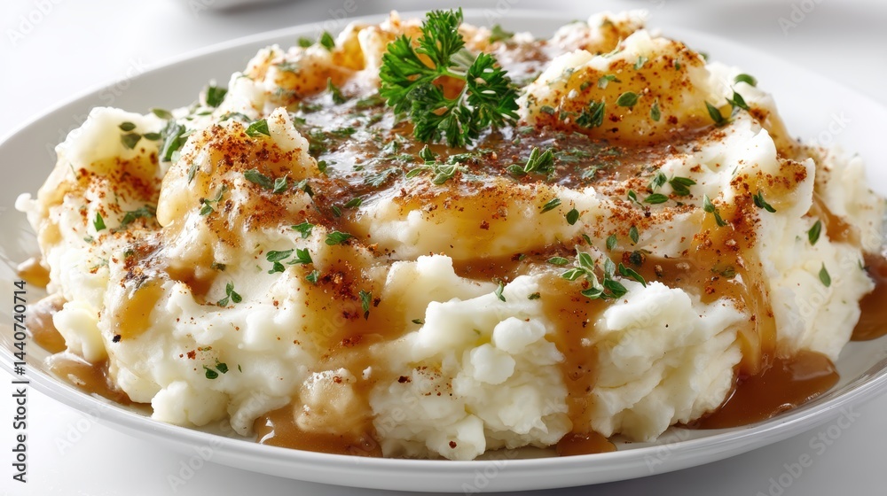 a plate of creamy mashed potatoes with gravy on a white isolated background, comfort food and savory design a plate of creamy mashed potatoes with gravy on a white isolated background, comfort food and savory design