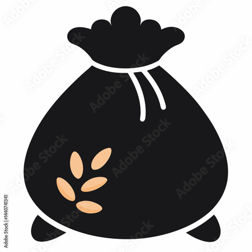 A cute cartoon vector illustration depicts a brown bag with money alongside a sack of wheat, a funny symbol