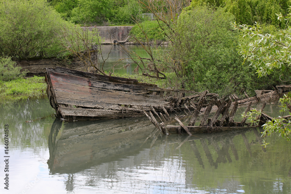 Bow of th sunken ship called BURCIO or BURCHIO in italian language in the BURCI CEMETERY a place in the bend of the river SILE in Italy with wrecks of wooden boats used for the transport of Good
