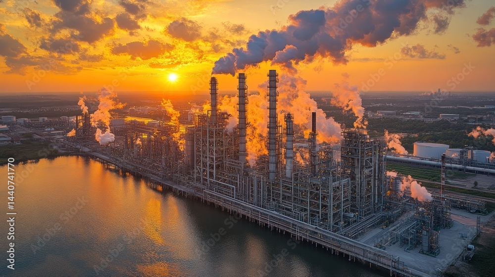 Fototapeta premium Sunset over Industrial Refinery Complex: Aerial View of Pollution and Industry at Golden Hour