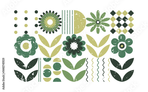 Modern abstract geometric background with distressed texture. Rough grunge grainy mosaic organic pattern. Green conceptual collage with flower. Grain vector noise particles. Minimalistic illustration.
