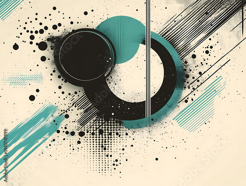 Abstract composition with geometric shapes ink splatters and turquoise accents creates a striking modern background perfect for graphic design projects and creative presentations shows contrast