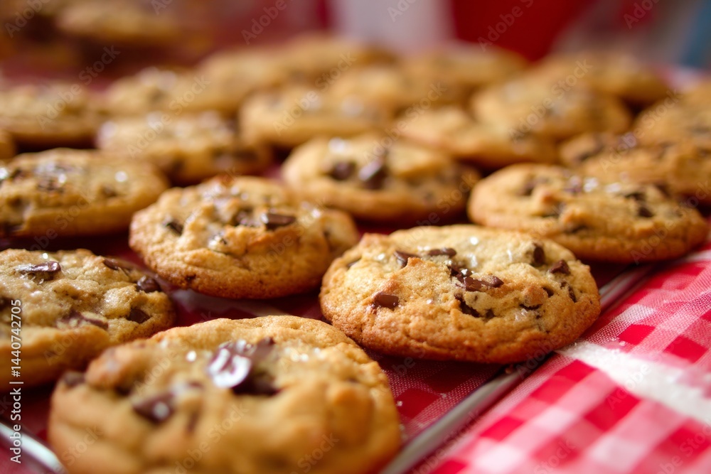 Freshly baked chocolate chip cookies on red checkered cloth Freshly baked chocolate chip cookies on red checkered cloth