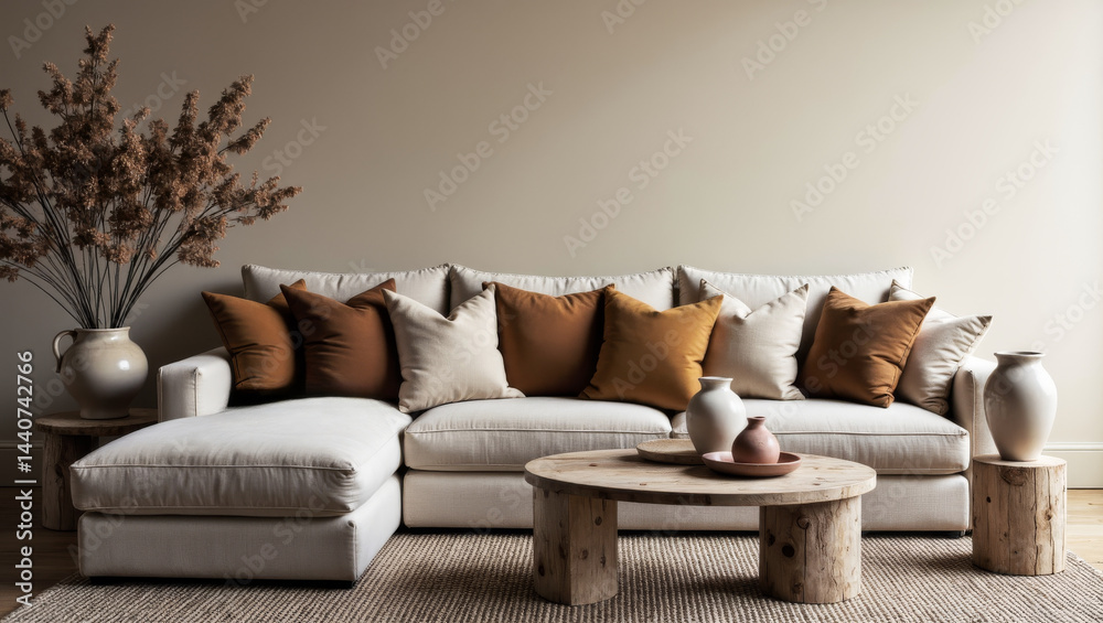 Earthy Toned Living Room Beige Sofa & Natural Wood Elements