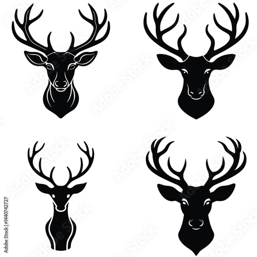 Deer Silhouette Collection: A striking assembly of deer head silhouettes, showcasing a variety of antler configurations and poised expressions, perfect for design concepts. 