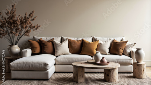 Obraz na płótnie Earthy Toned Living Room Beige Sofa & Natural Wood Elements w salonie