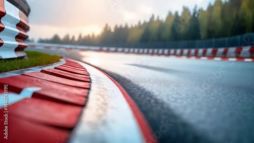 Racetrack Curve with Red and White Barriers in Motorsport Environment during Sunrise

