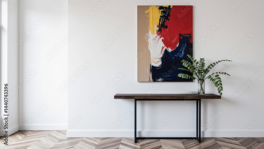 Modern Entryway Console Table Bold Abstract Painting Vignette