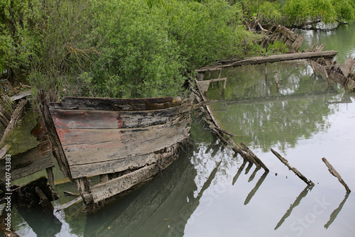 Obraz na płótnie Bow of th sunken old ship called BURCIO or BURCHIO in italian language in the BURCI CEMETERY a suggestive place in the bend of the river SILE in Northern Italy with wrecks of old sunken wooden boats w salonie