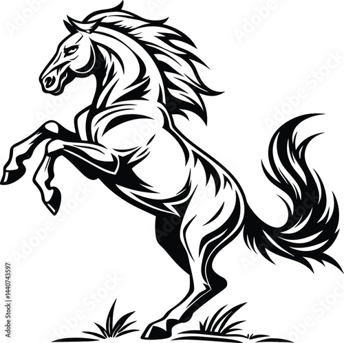 Black and white vector art showcases a running black horse, a wild and powerful equine silhouette, its mane flowing as it gallops, a striking illustration for equestrian design