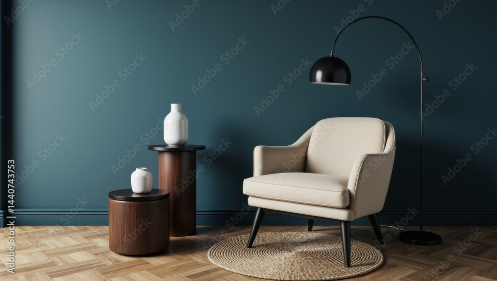 Contemporary Living Space Teal Wall & Beige Armchair Nook