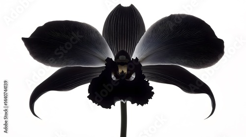 Silhouette of a striking black orchid against a bright white background. The intricate details of the petals and the flower's structure are clearly visible, creating a dramatic and elegant image.