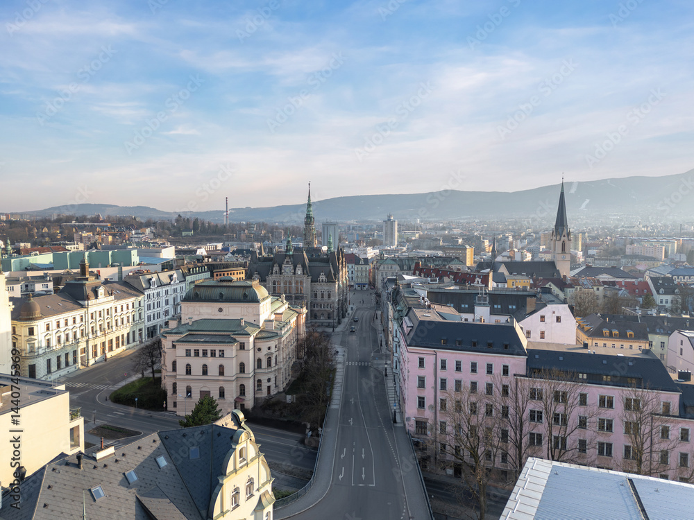 Skyline cityscape of Liberec, Czech Republic. Panoramic aerial view of the old town