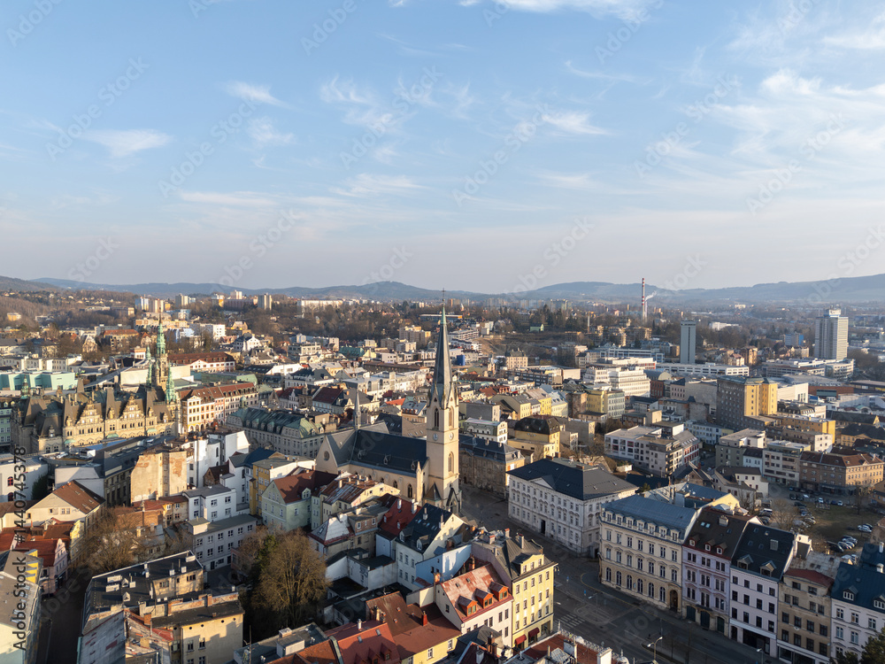 Skyline cityscape of Liberec, Czech Republic. Panoramic aerial view of the old town