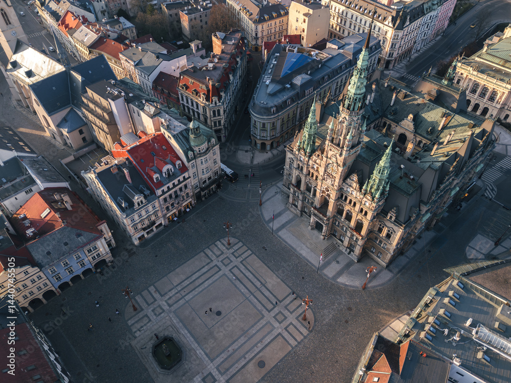Panoramic aerial view directly above the main square and city hall of Liberec, Czech Republic.