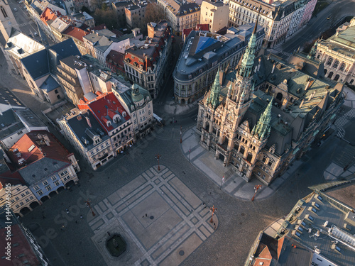 Obraz na płótnie Panoramic aerial view directly above the main square and city hall of Liberec, Czech Republic.
w salonie