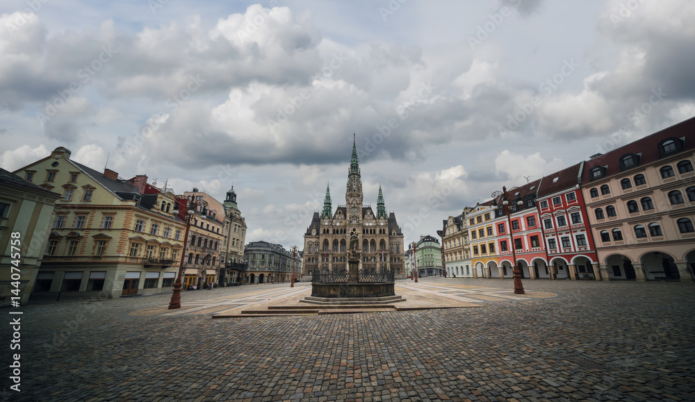 Cityscape of Liberec, Czech Republic. Panoramic view of the old town (staré město): main square and city hall