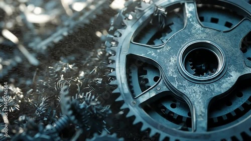 Detailed Close-Up of Steel Gears and Metal Shavings