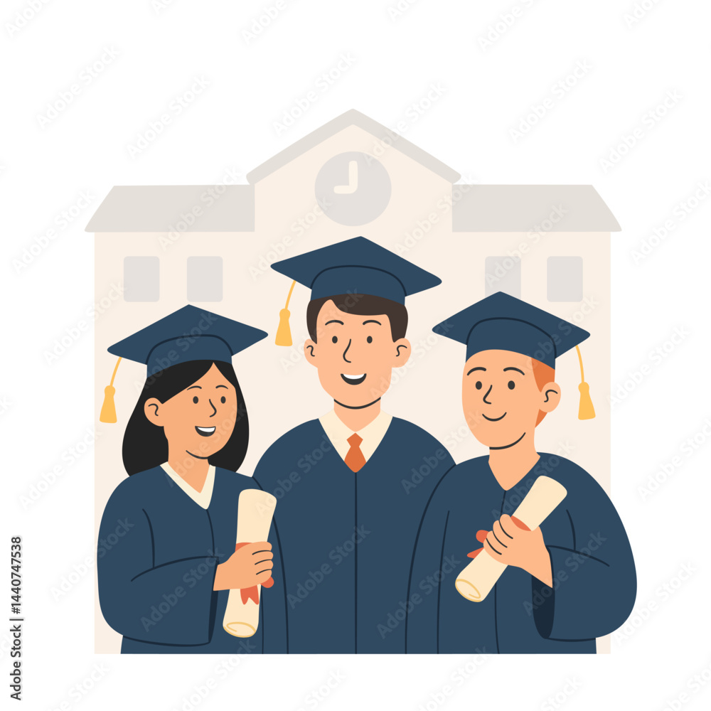 Obraz premium Students awarding of diploma. Young girls and boy with certificate in his hand wearing gown and graduate caps. 