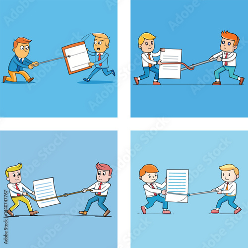 Business Tug Of War Competition Between Colleagues With Documents And Contract Negotiation